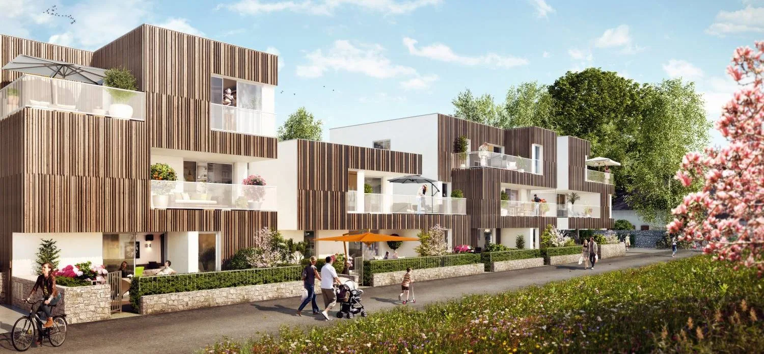 Résidence immobilière neuve contemporaine avec balcons et espaces paysagers, illustration d’un programme en VEFA.