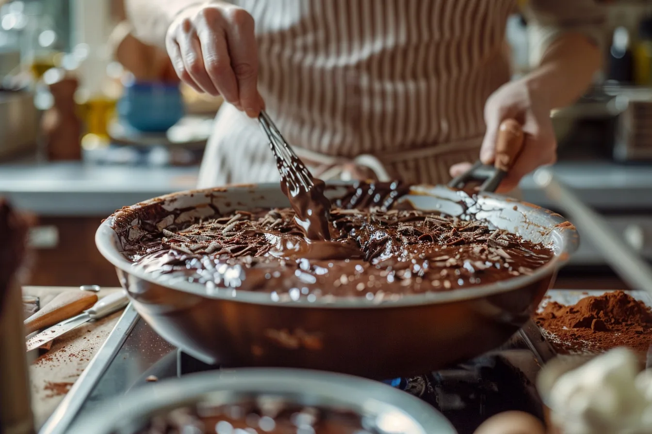Carrés de chocolat noir, au lait et blanc avec fruits secs, éclats de biscuits et ustensiles de pâtisserie sur une table claire.