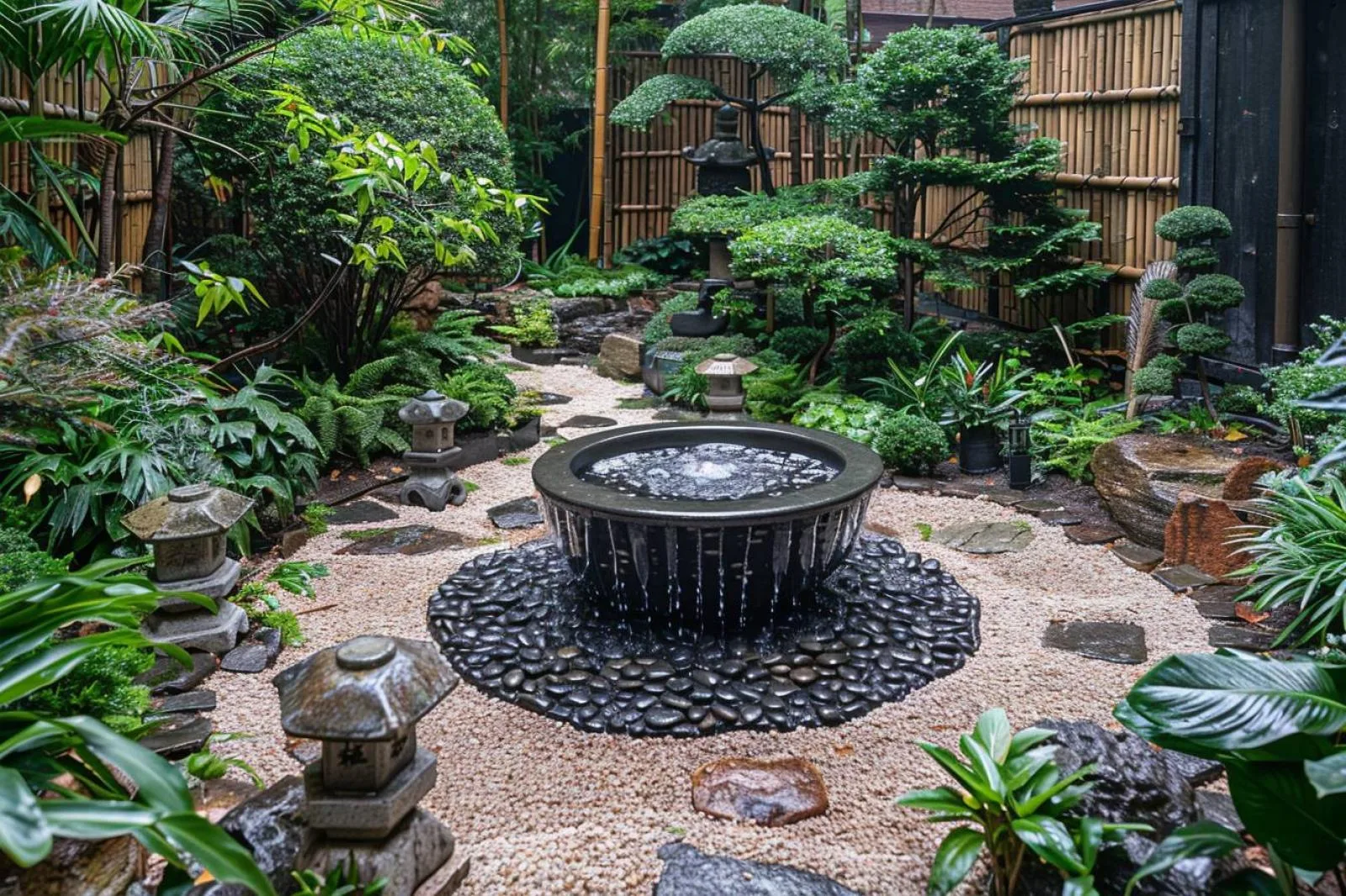 Jardin zen intimiste avec pas japonais, graviers ratissés, érables et banc en bois au milieu d’une végétation apaisante.