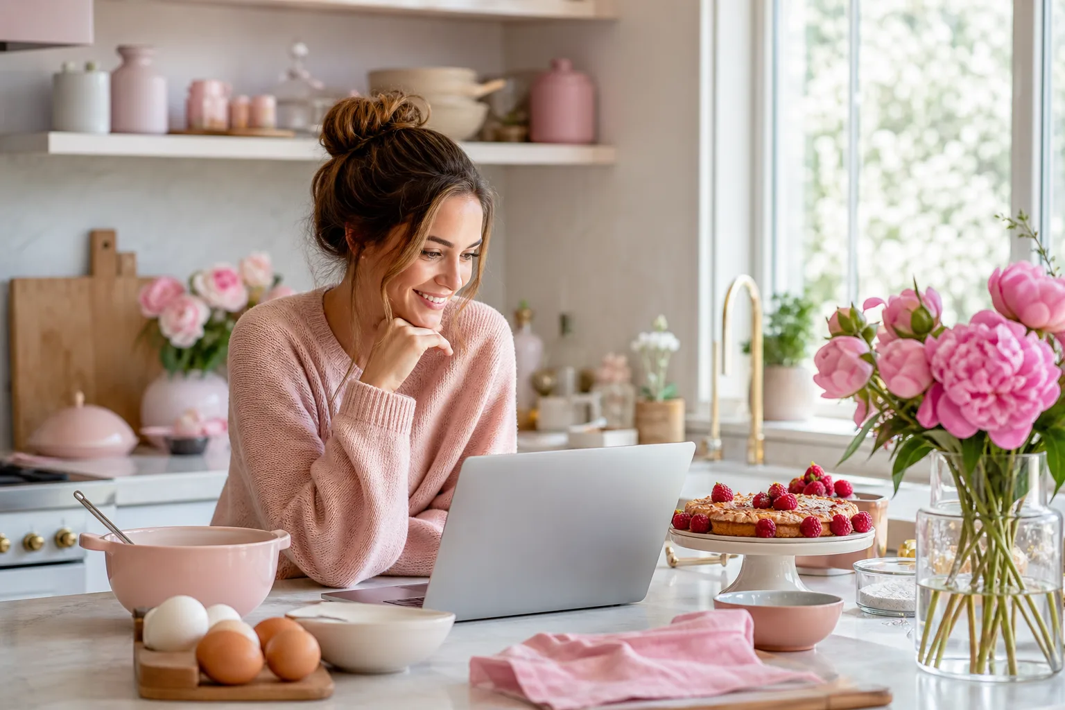 Ordinateur ouvert sur un blog de cuisine, carnet de menus, légumes frais et ustensiles sur un plan de travail lumineux.