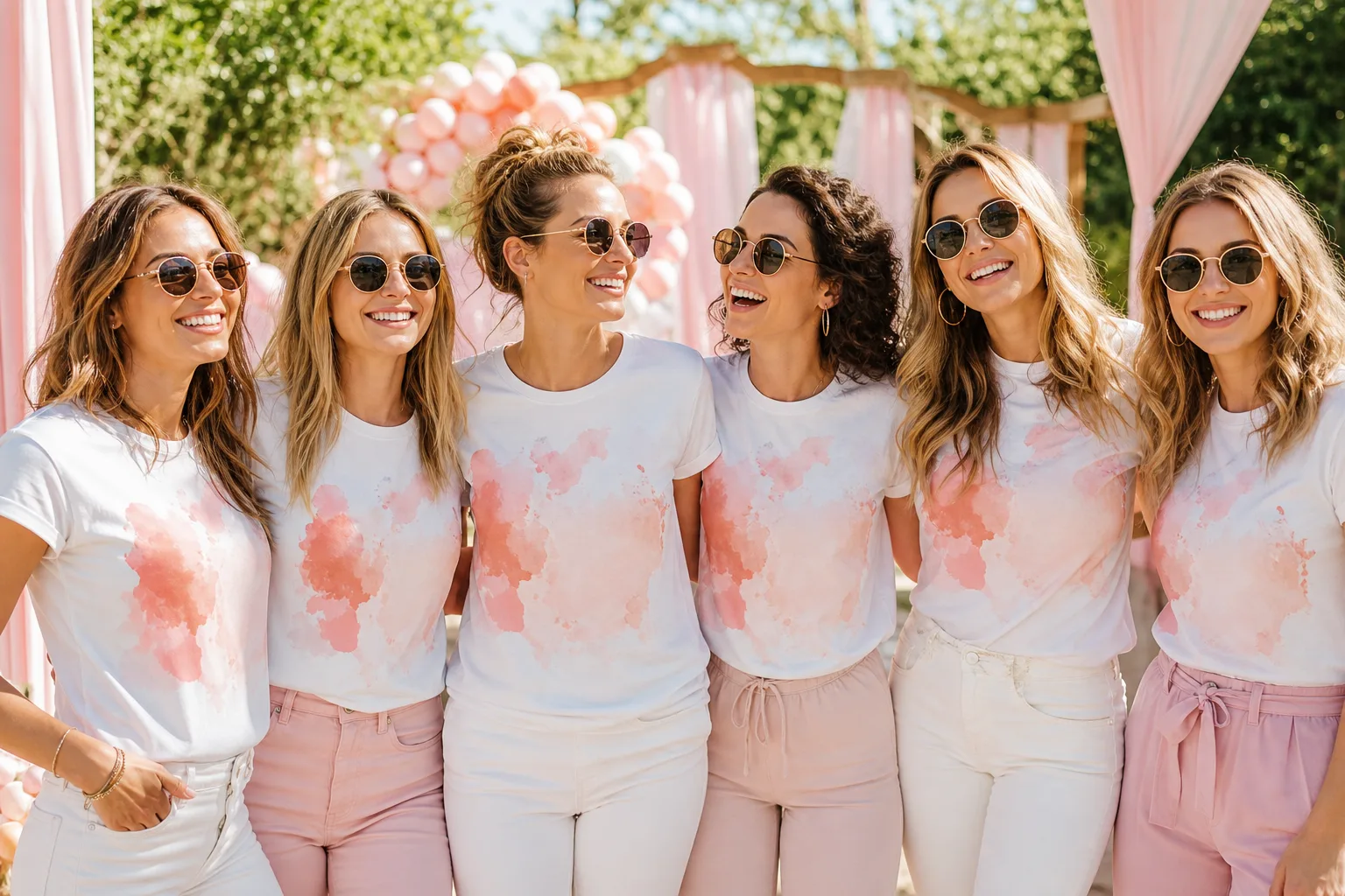 Équipe souriante portant des t-shirts personnalisés colorés lors d’un événement en plein air.
