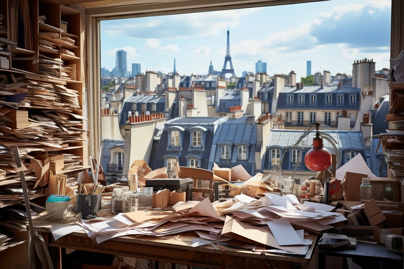 Colis de documents imprimés prêts à être livrés à Paris, avec brochures, cartes et affiches soigneusement emballées.
