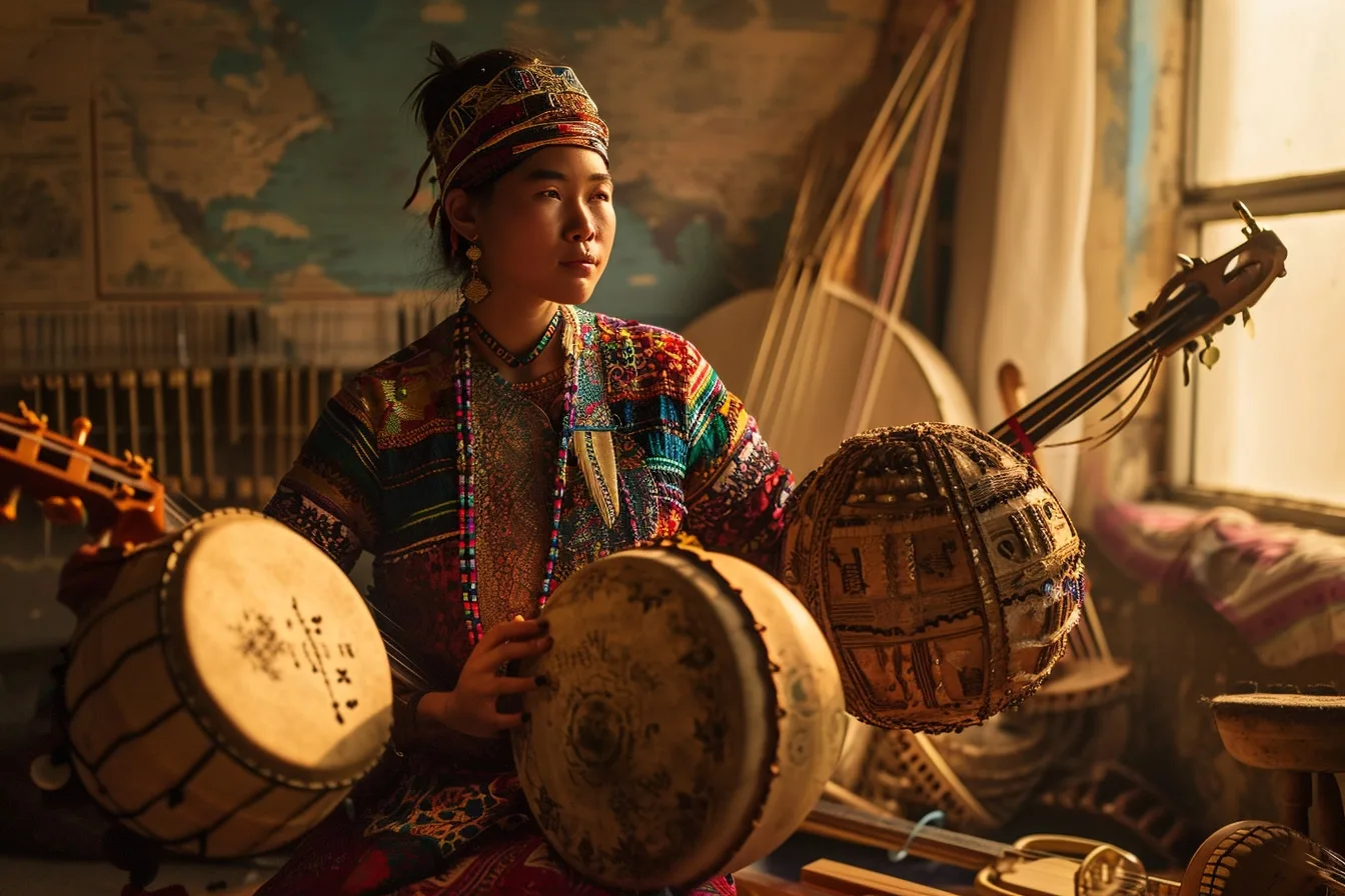 Une femme écoute de la musique au casque en consultant des archives et instruments traditionnels, illustration de l’ethnomusicologie.