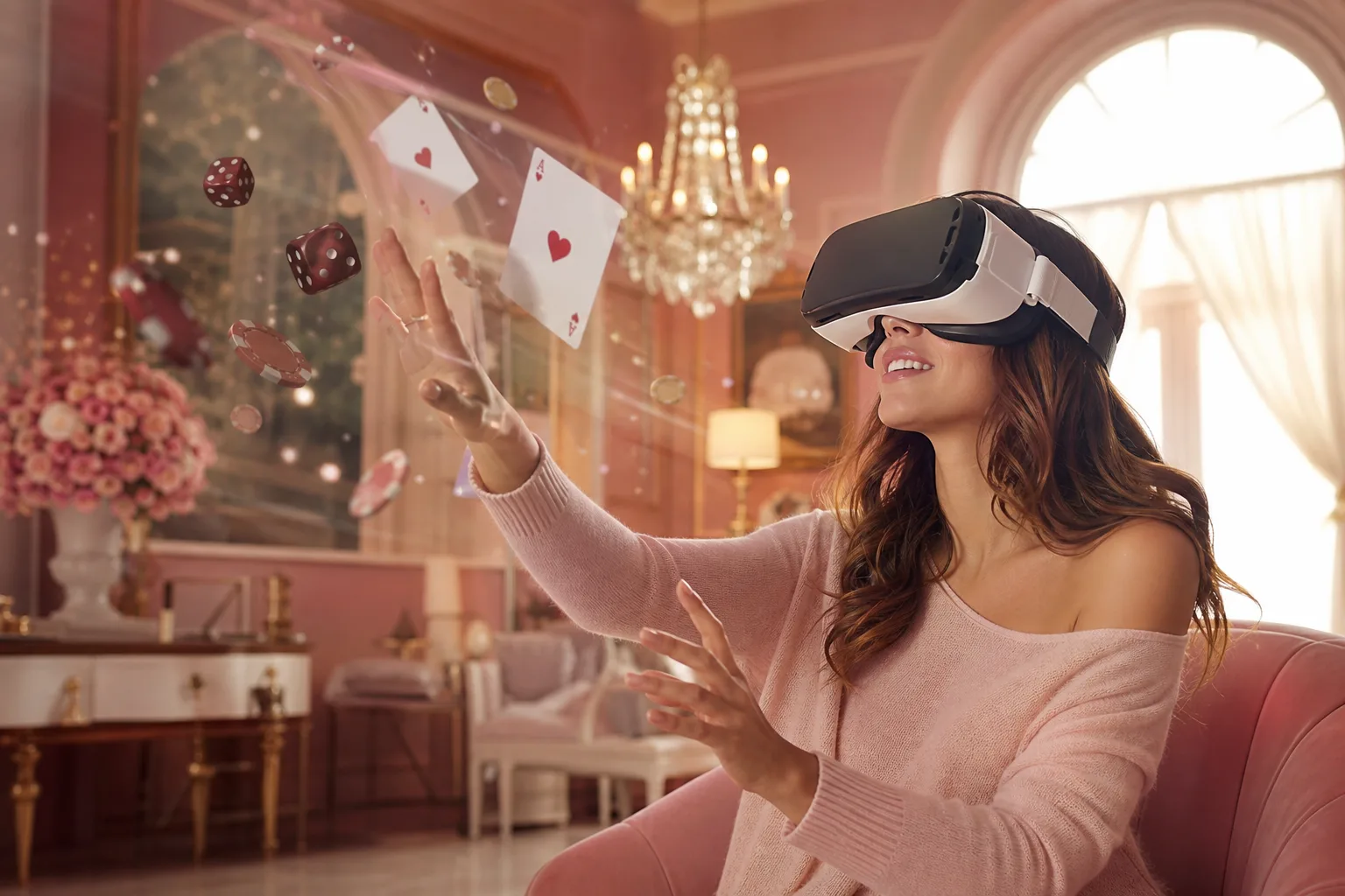 Personne portant un casque de réalité virtuelle et découvrant une table de casino virtuelle lumineuse dans un salon.