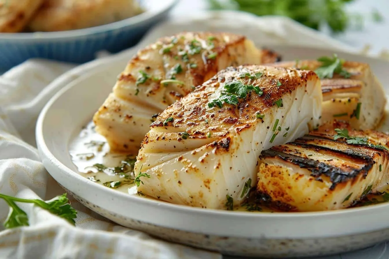 Plat de brandade de morue congelée gratinée au four, servi dans un plat en céramique avec une salade verte.