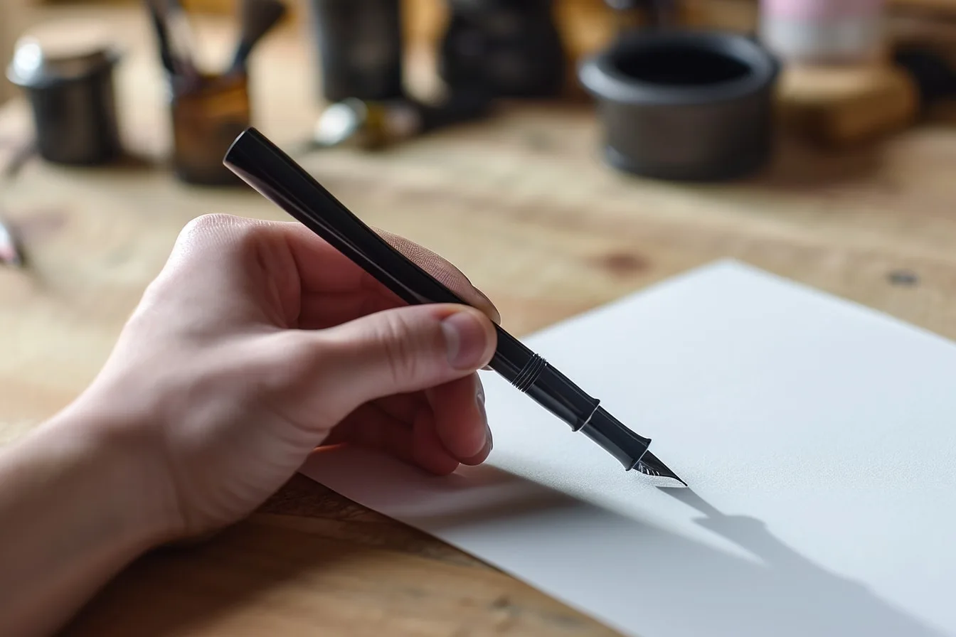 Matériel de calligraphie moderne posé sur un bureau : feutres pinceaux, porte-plume, encres, papier lisse et feuilles d’entraînement.