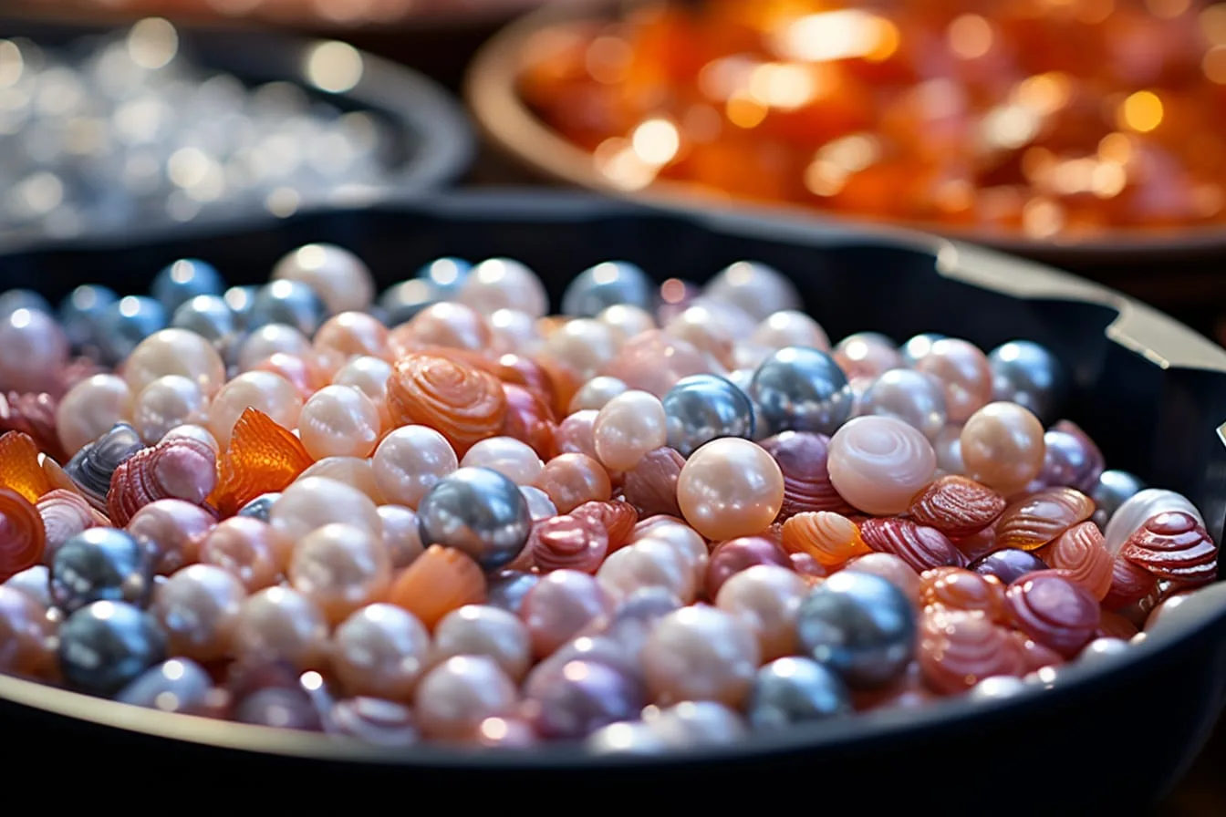 Gros plan de perles de culture d’eau douce blanches, roses et lavande, avec fil de soie et outils de création de bijoux.