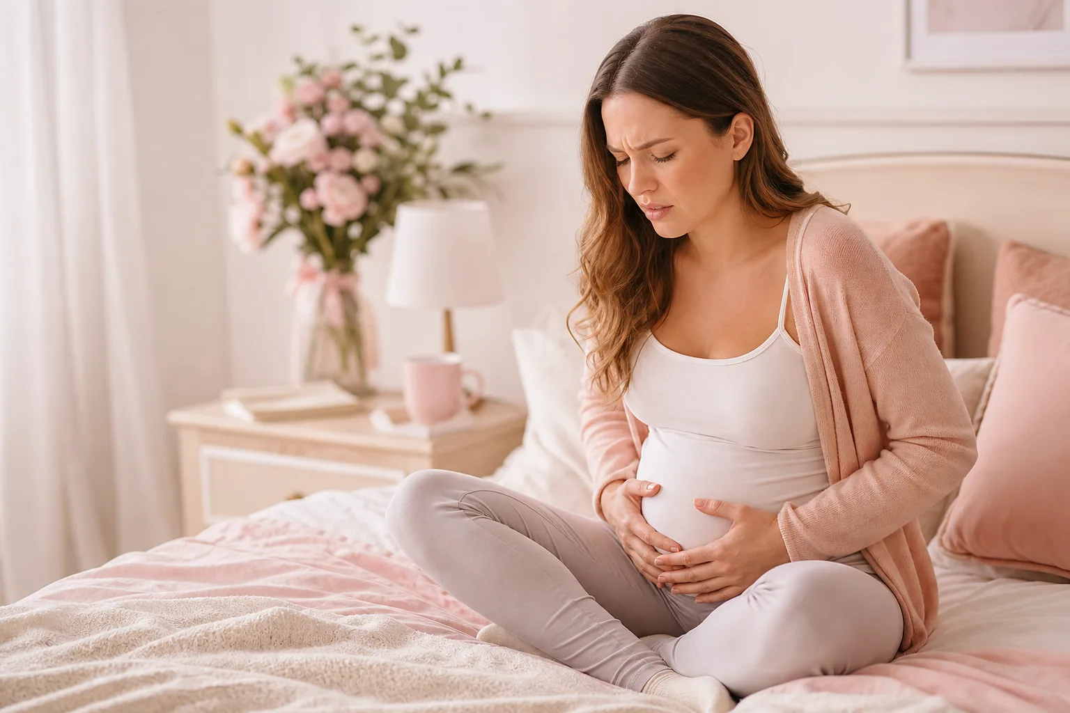 Femme enceinte assise confortablement avec un verre d’eau et un carnet de conseils santé sur une table.