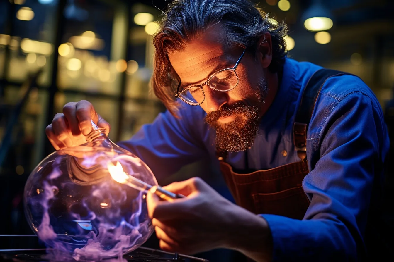 Artisane façonnant une perle colorée en verre au chalumeau dans un atelier lumineux et sécurisé.