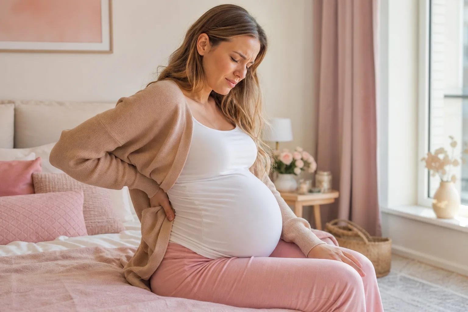 Femme enceinte allongée sur le côté avec un coussin entre les jambes pour soulager une douleur sciatique.