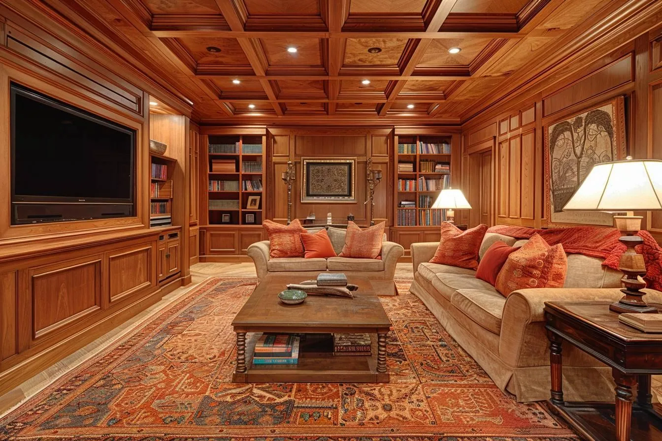 Plafond habillé de lambris en bois clair dans un salon lumineux et contemporain.