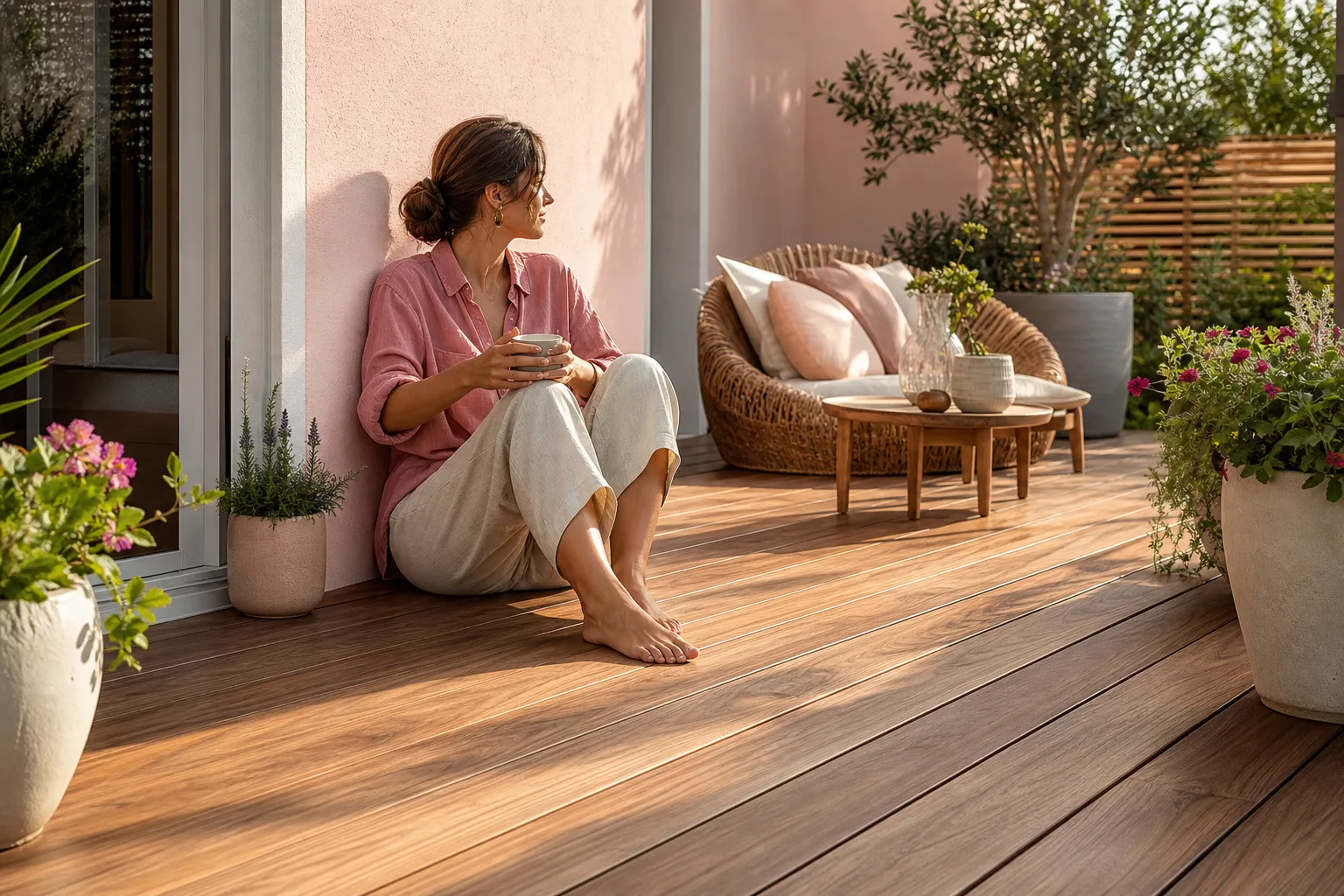 Terrasse contemporaine en lames de bois exotique brun doré, aménagée avec un salon de jardin et des plantes en pots.