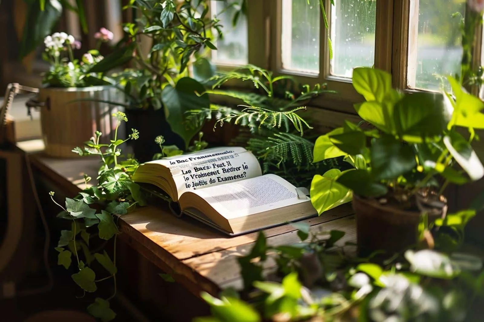 Élève révisant un livre de littérature française à une table près d’un jardin pédagogique fleuri.
