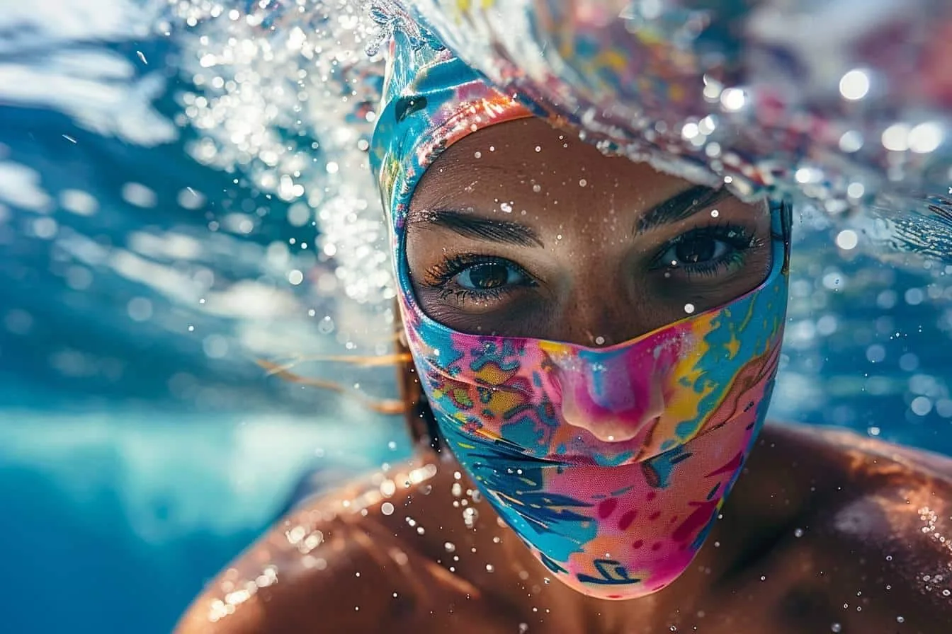 Femme portant un facekini coloré et un haut anti-UV au bord de la mer avant une activité aquatique.