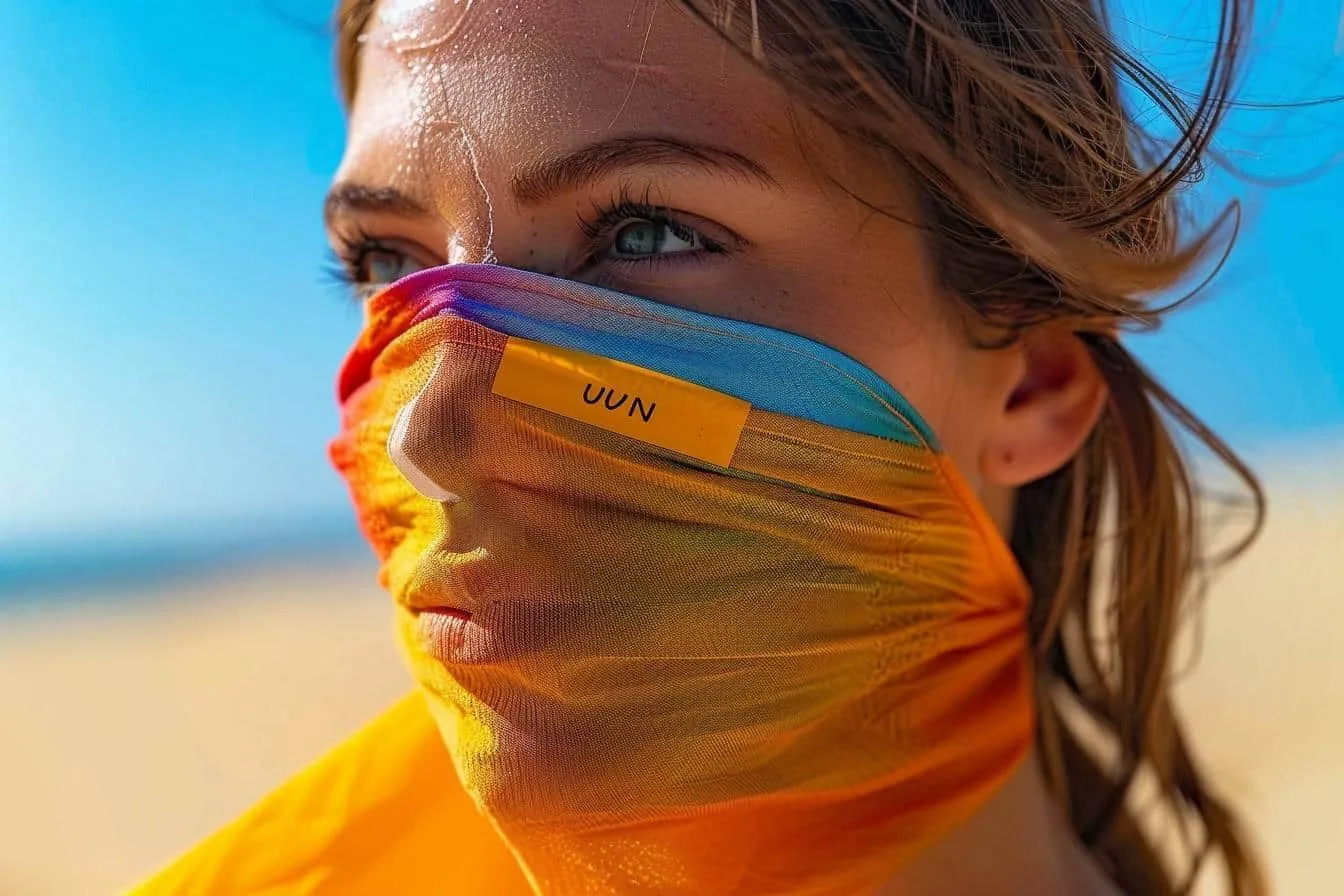 Femme portant un facekini couvrant le visage et le cou pour se protéger du soleil sur la plage.