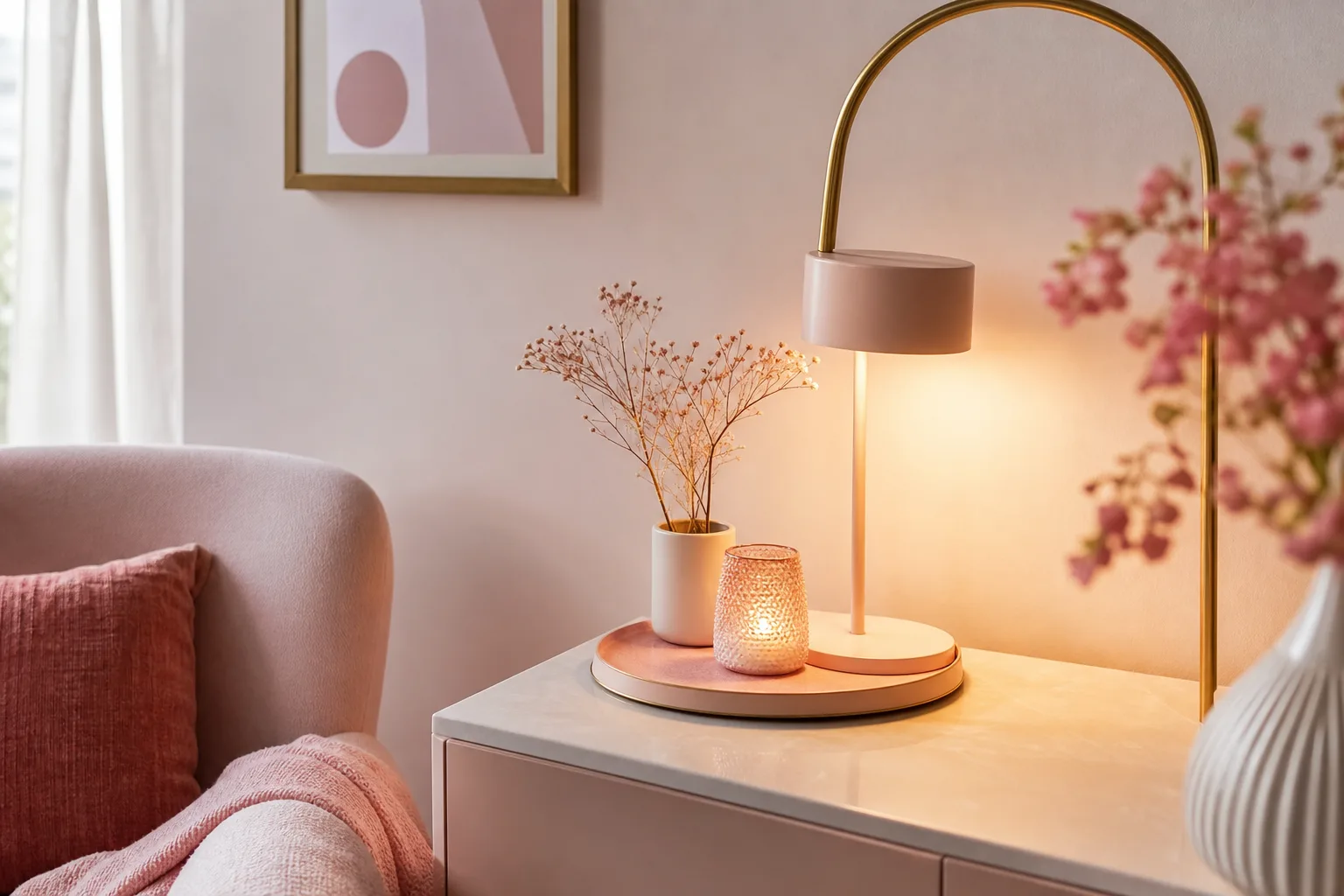 Salon chaleureux éclairé par une suspension LED, une lampe d’appoint et un ruban lumineux indirect.