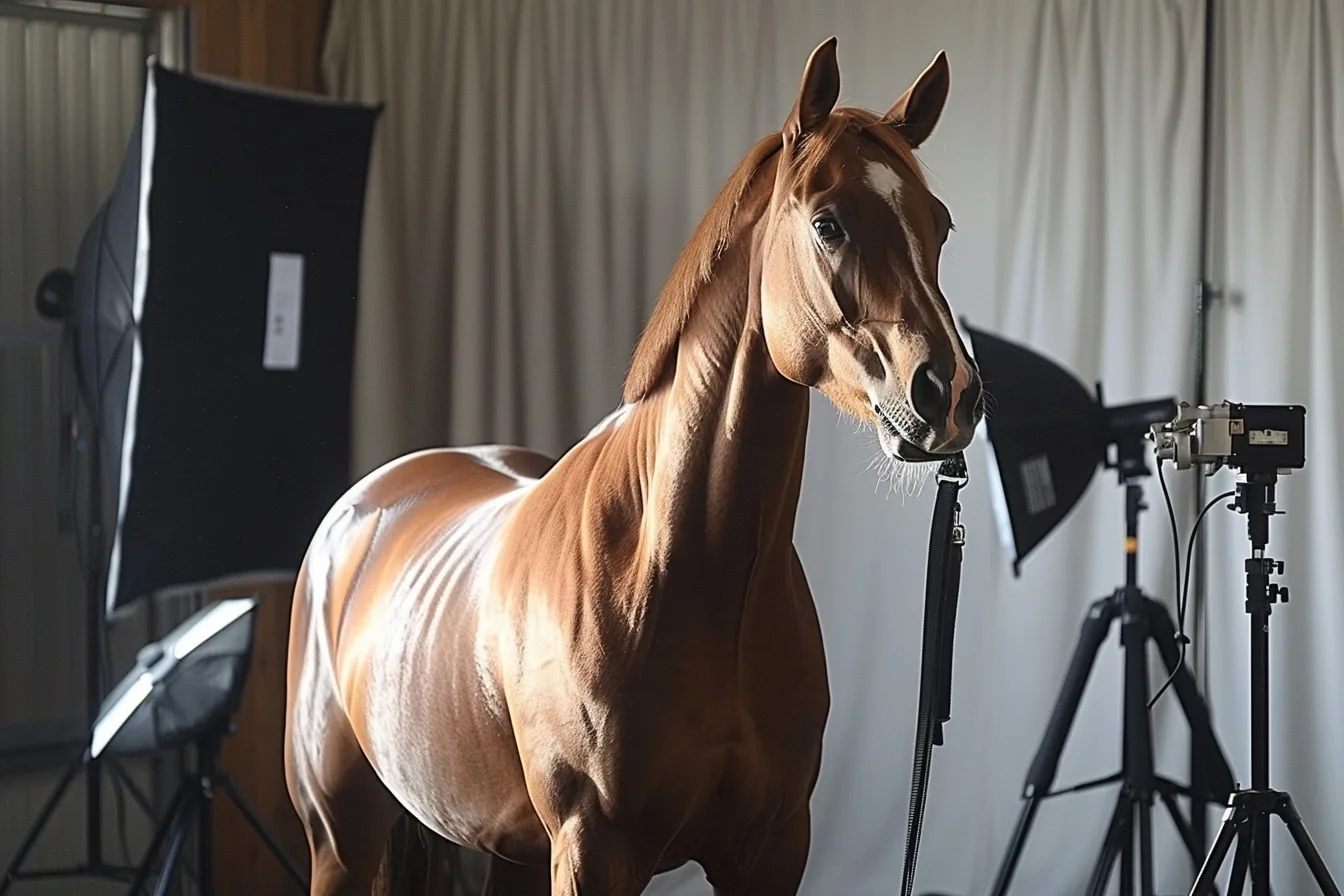 Cavalière tenant son cheval calme pendant une séance photo en extérieur avec une photographe.