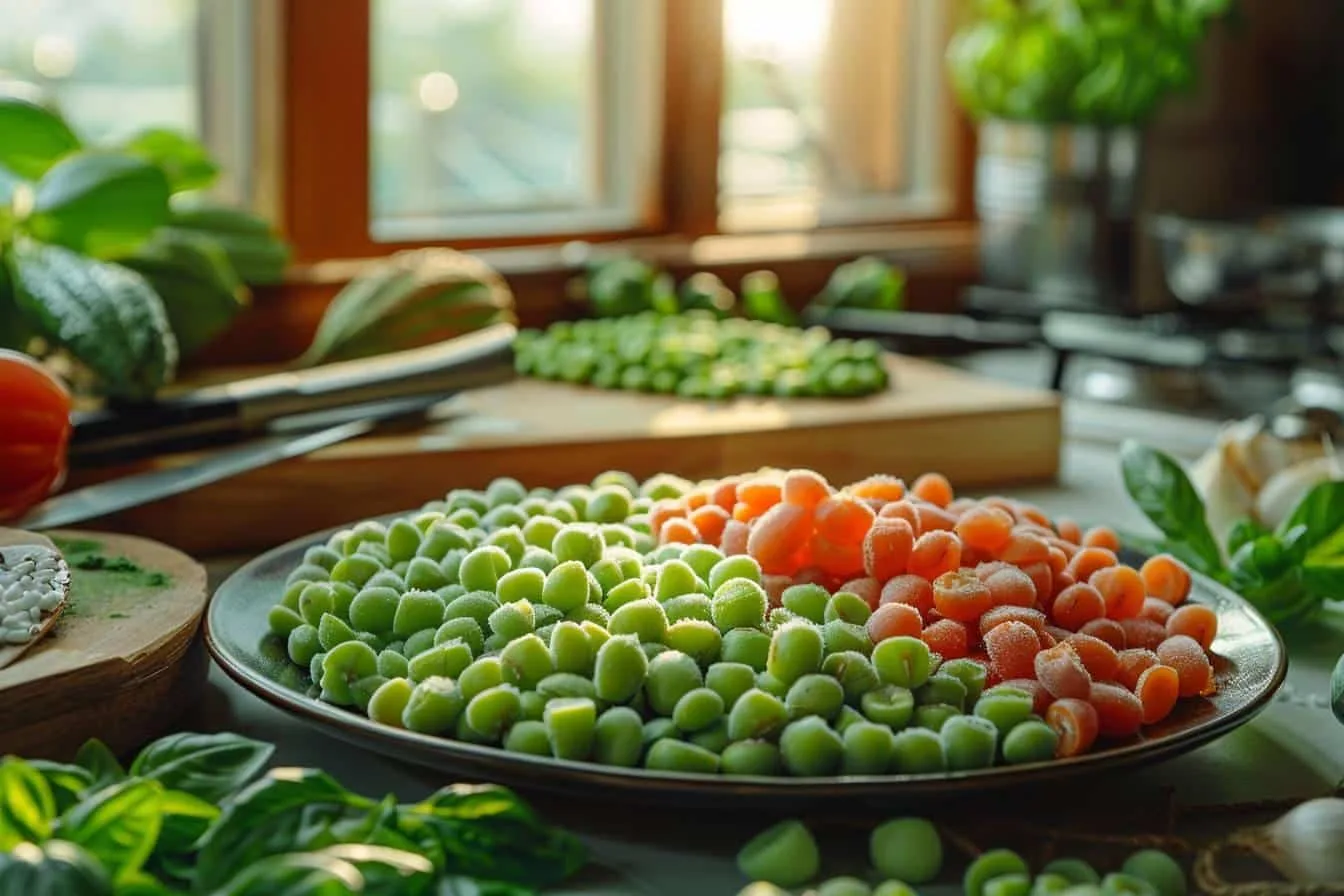 Bol de haricots coco surgelés cuits avec herbes fraîches et légumes de saison.