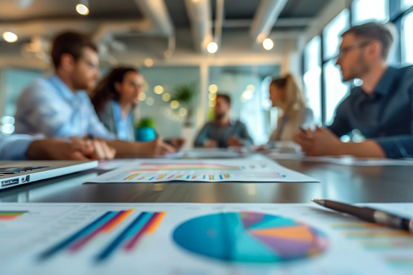 Entrepreneure analysant des indicateurs de croissance durable sur son ordinateur dans un espace de travail lumineux.
