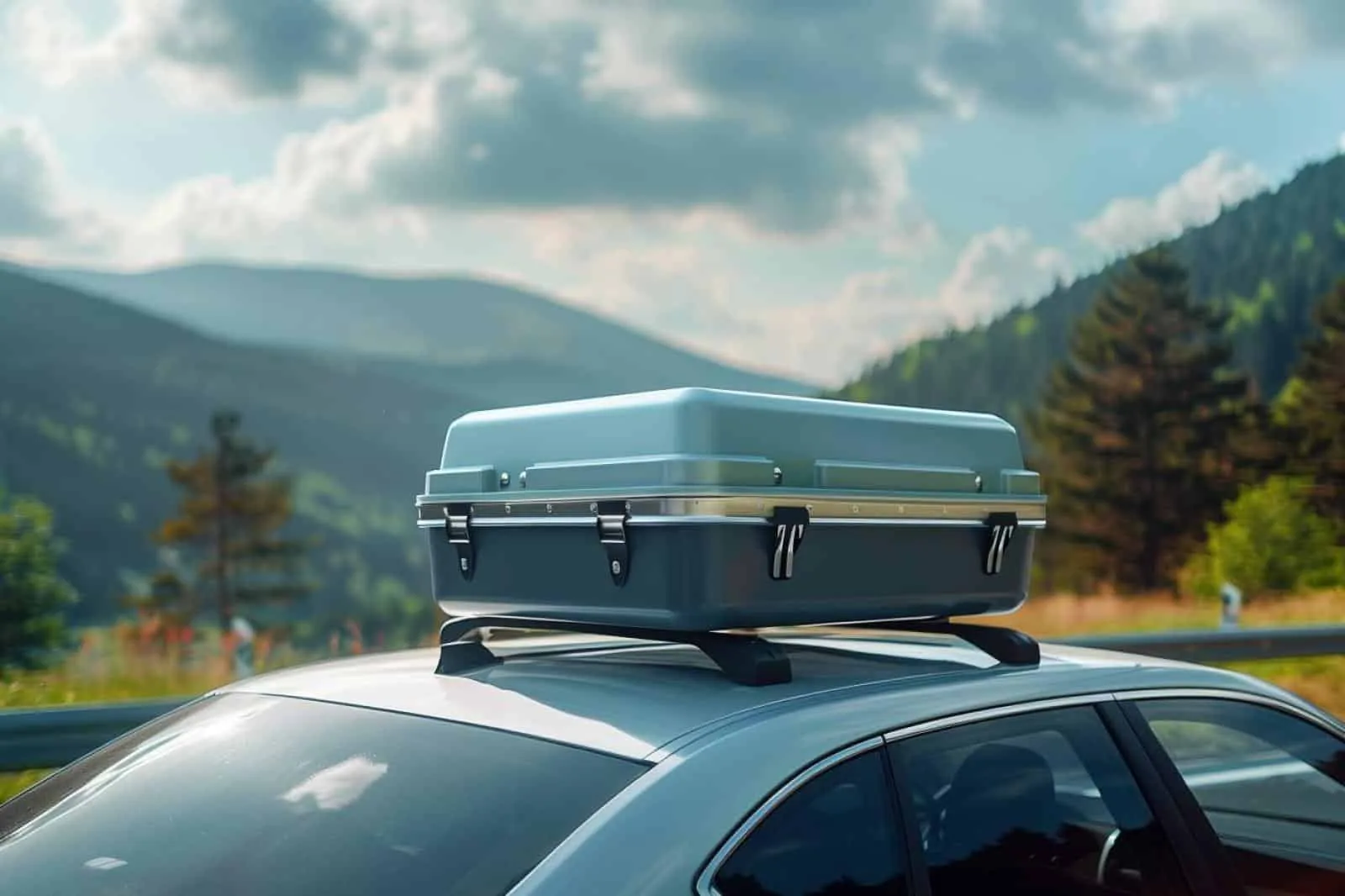 Voiture équipée d’un coffre de toit aérodynamique sur une route, vue de trois quarts avant.