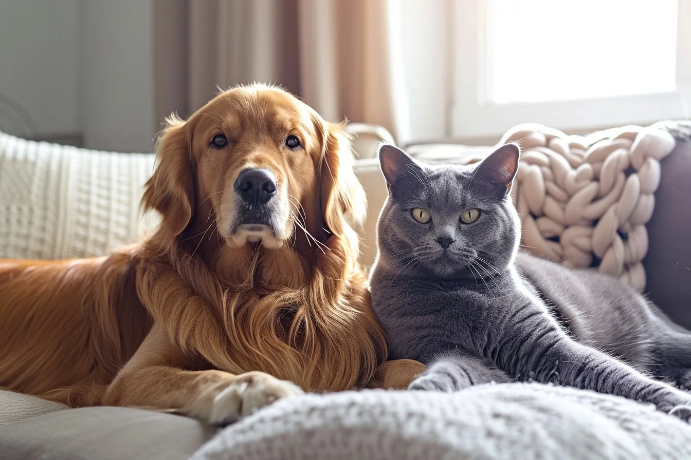 Un chien et un chat détendus dans un salon lumineux, chacun installé dans son espace de repos.