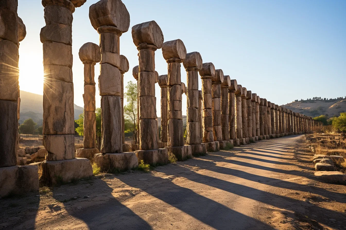 Voyageuse admirant des ruines antiques et une ville historique au coucher du soleil lors d'un séjour culturel.