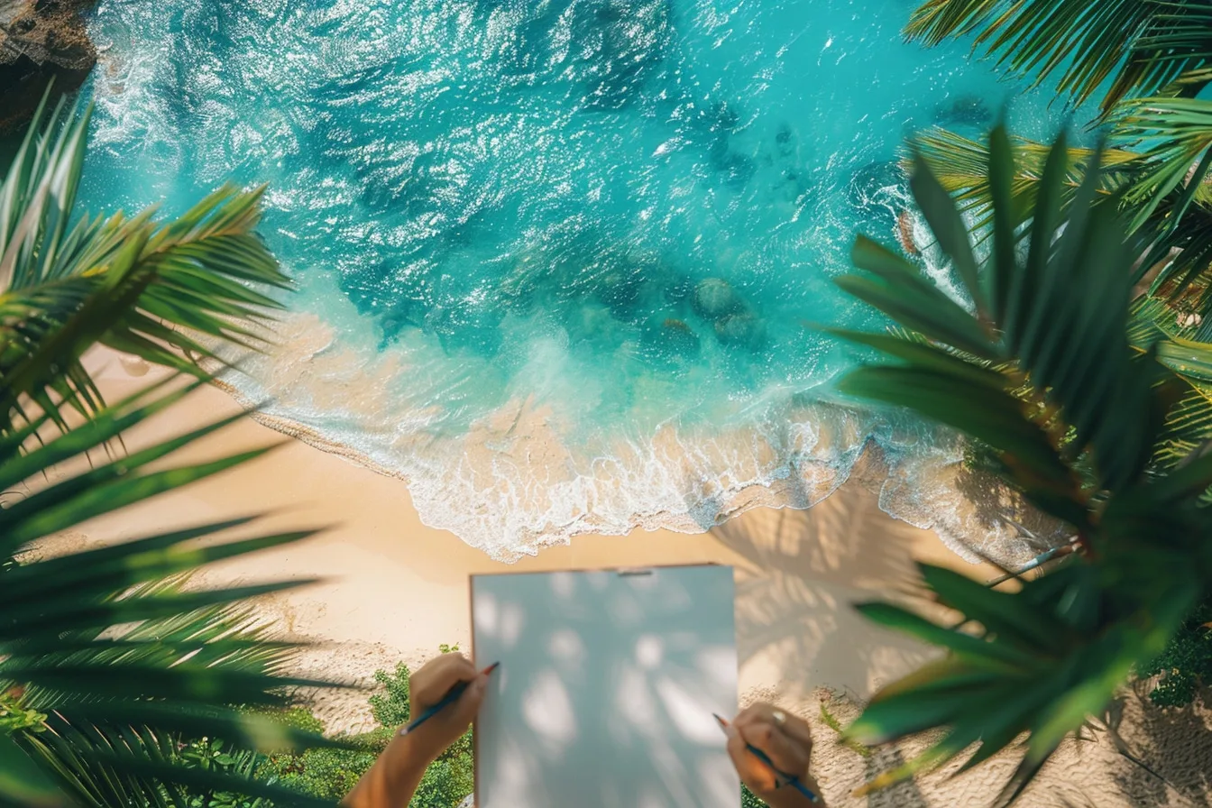 Dessin de plage coloré montrant une mer turquoise, du sable doré, des vagues écumantes et quelques coquillages au premier plan.