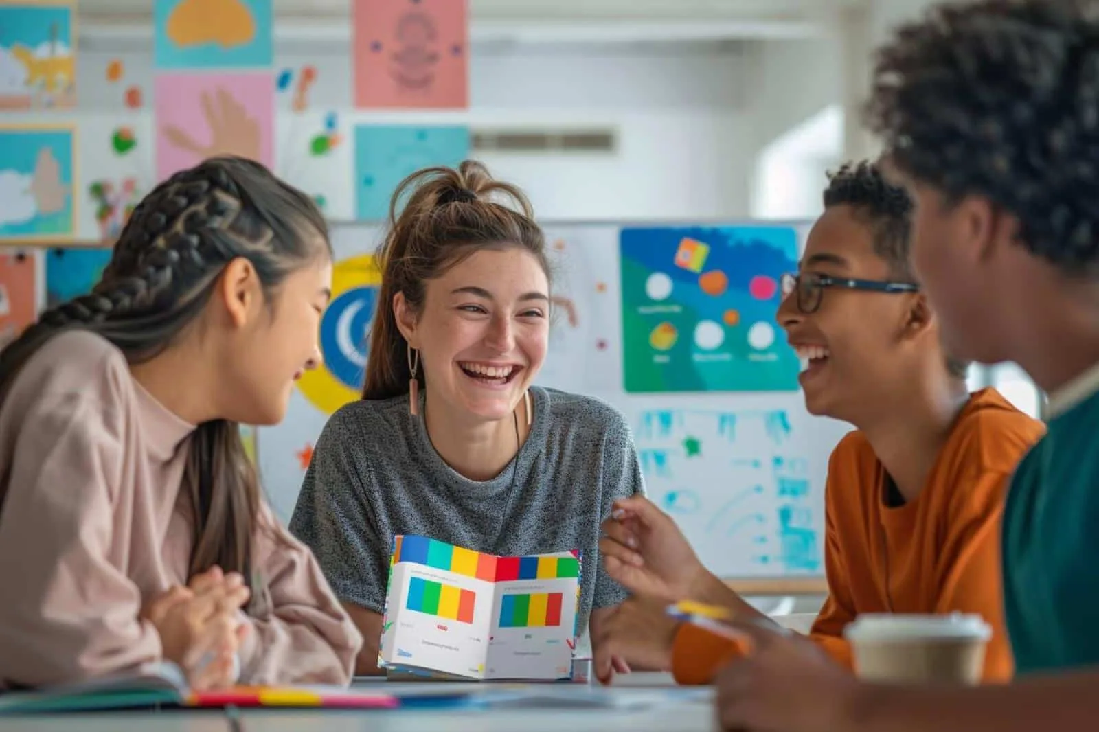 Femme utilisant une application d’apprentissage des langues sur son smartphone avec un carnet de vocabulaire.