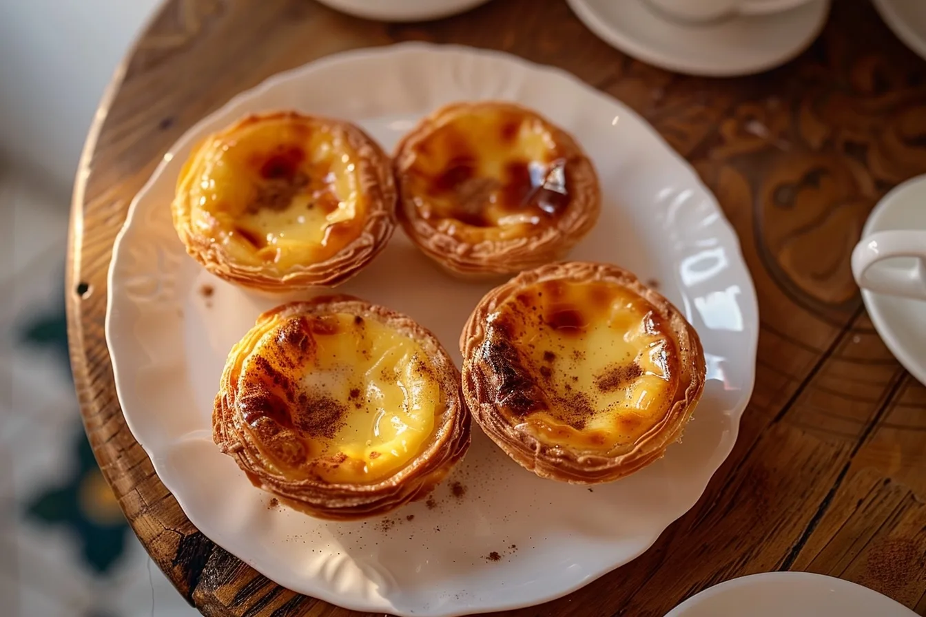 Pastéis de nata dorés et feuilletés, servis sur une assiette avec cannelle et sucre glace.