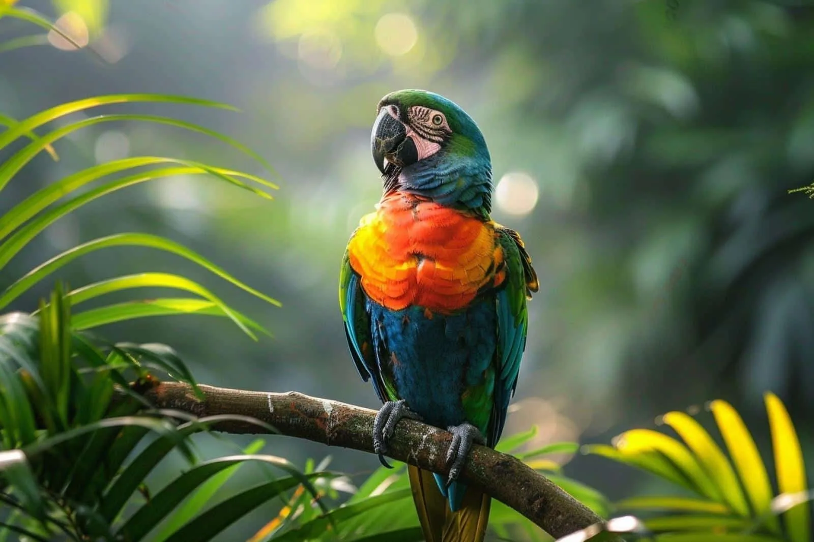 Un perroquet coloré perché sur une branche feuillue dans son environnement naturel.