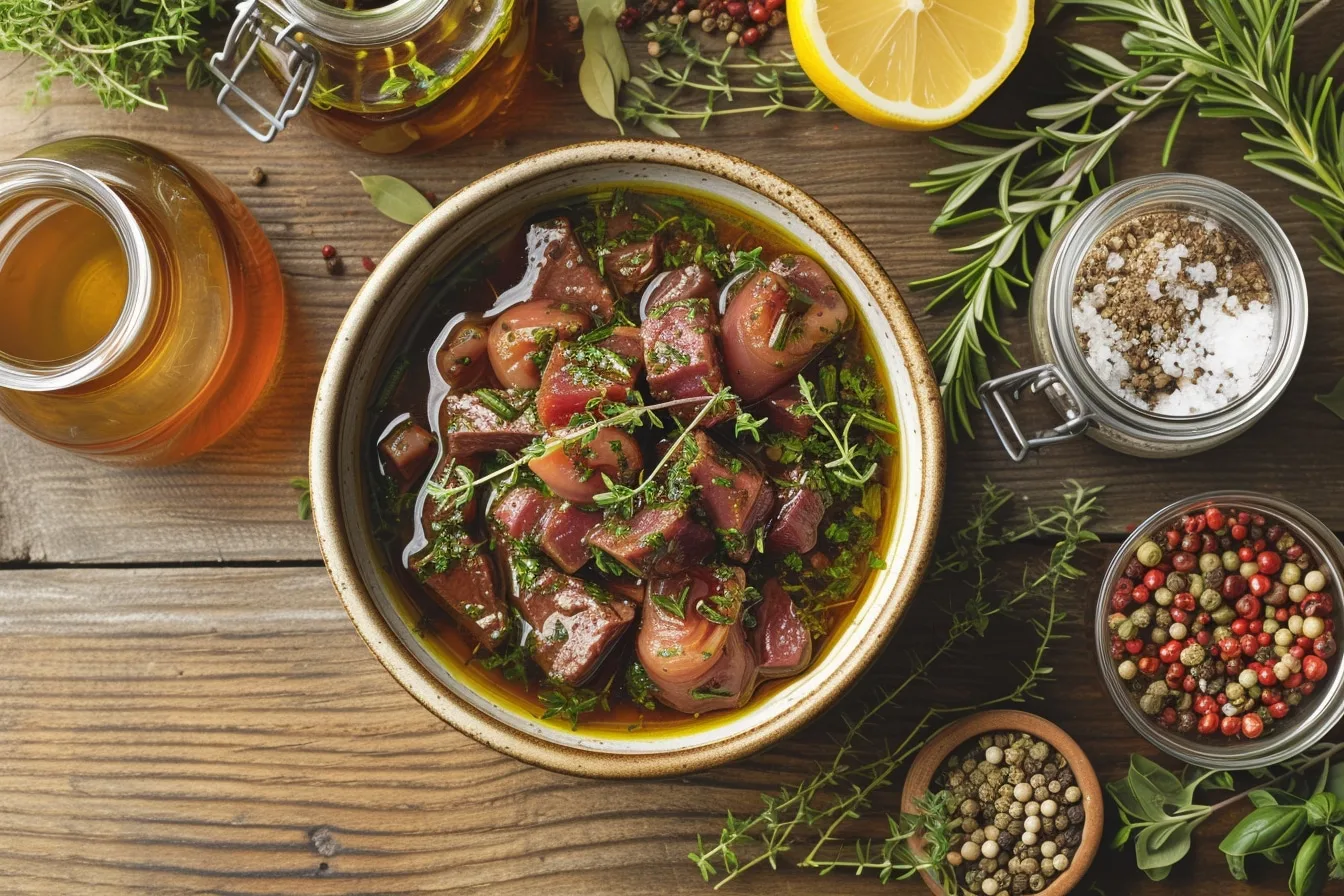 Tranches de langue de bœuf froide dressées avec une vinaigrette au vinaigre, des herbes fraîches et des légumes croquants.