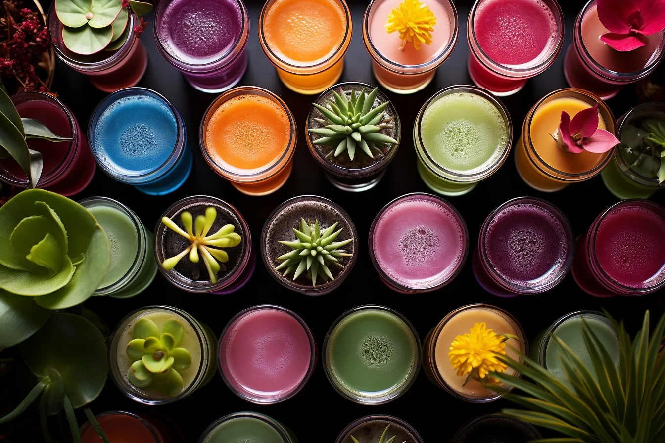 Cocktail vert et rose servi dans une coupe, entouré de feuilles tropicales et de plantes carnivores en décoration, sans contact avec la boisson.