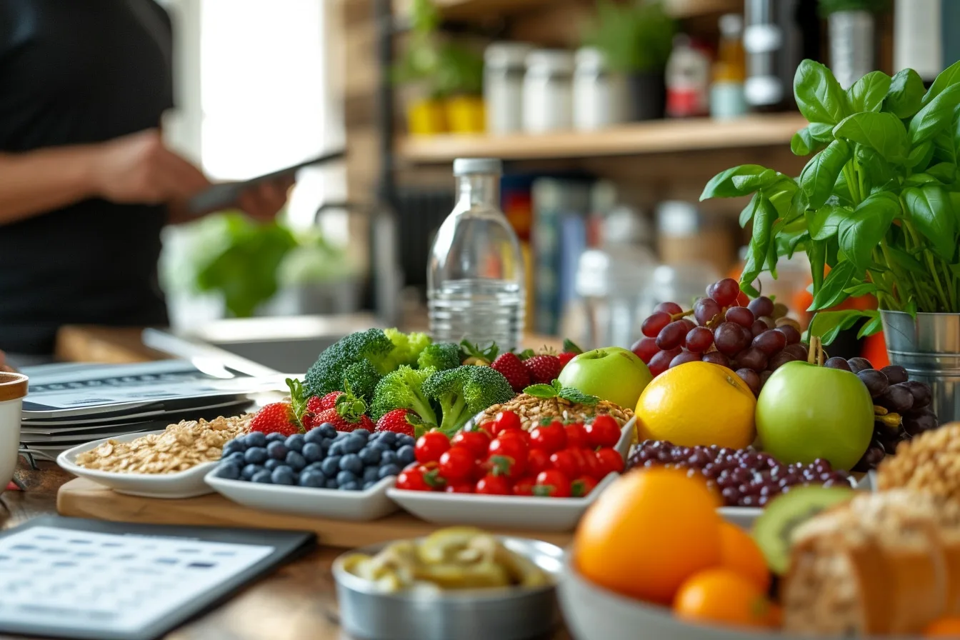 Repas équilibré et nutritif composé de céréales, avocat, œufs, fruits secs et smoothie pour favoriser une prise de poids saine.