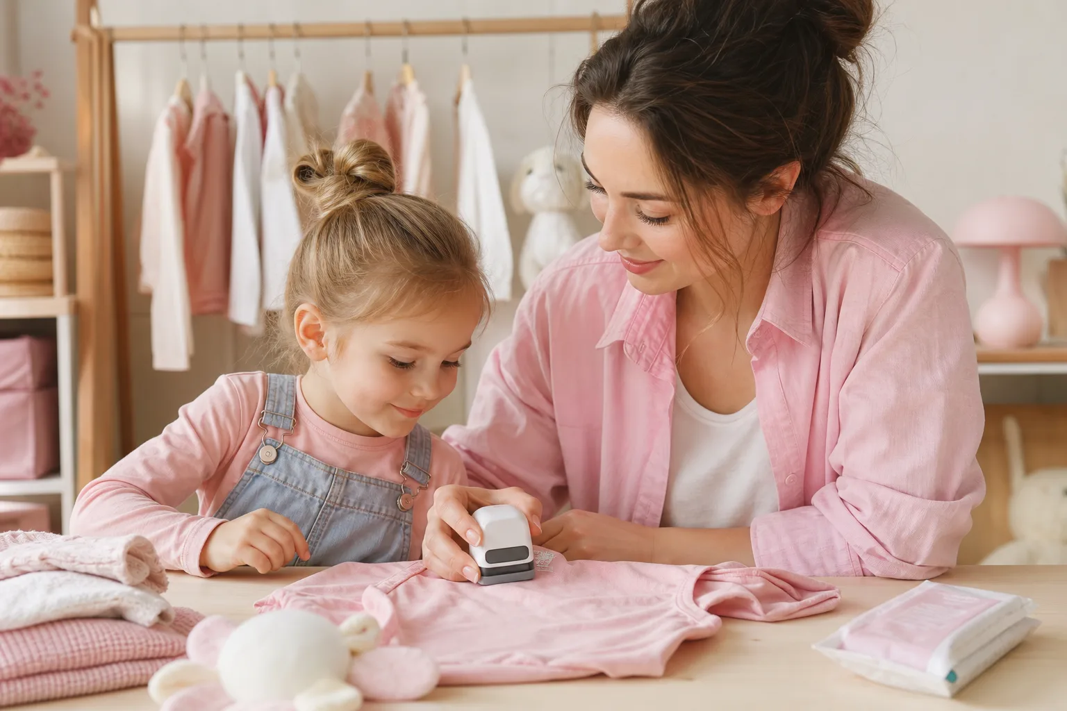 Parent appliquant un tampon nominatif noir sur l’étiquette intérieure d’un vêtement d’enfant.