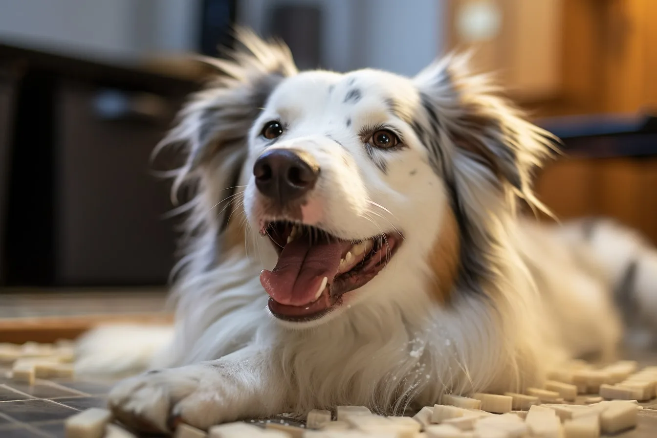 Chien au pelage brillant et soyeux brossé délicatement avec une brosse adaptée à la maison.