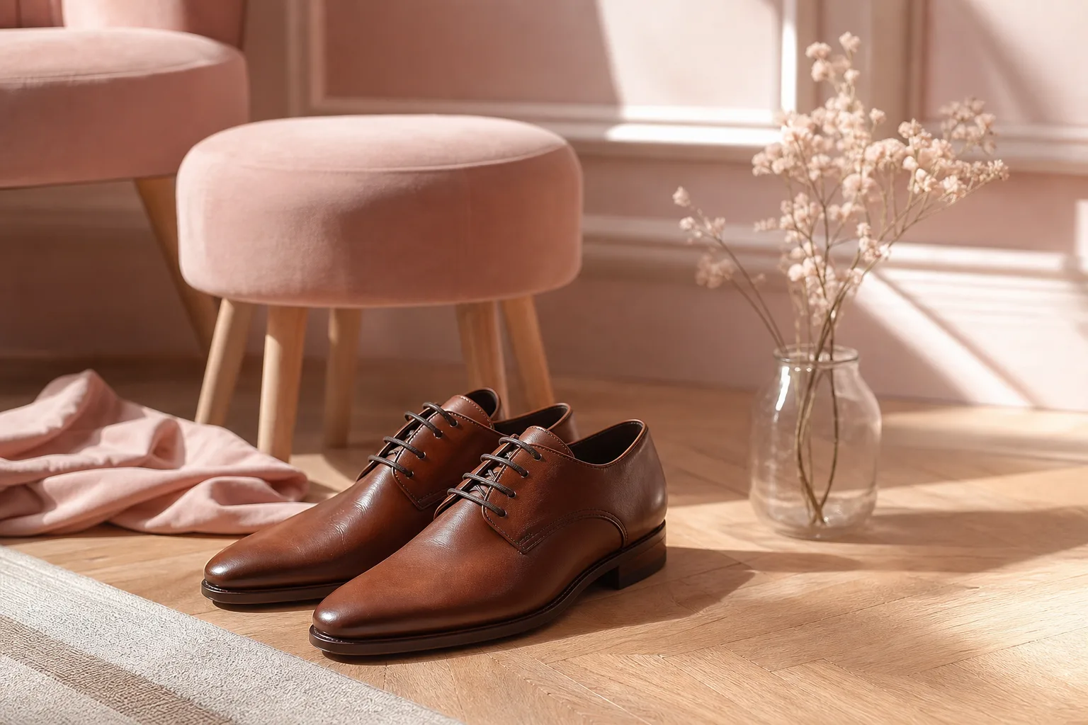 Paire de chaussures à lacets marron en cuir posée sur un sol clair, avec un pantalon habillé beige.