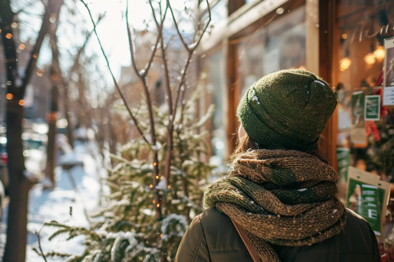 Bonnet en laine responsable, écharpe en fibres recyclées et gants d’hiver posés sur un manteau beige.