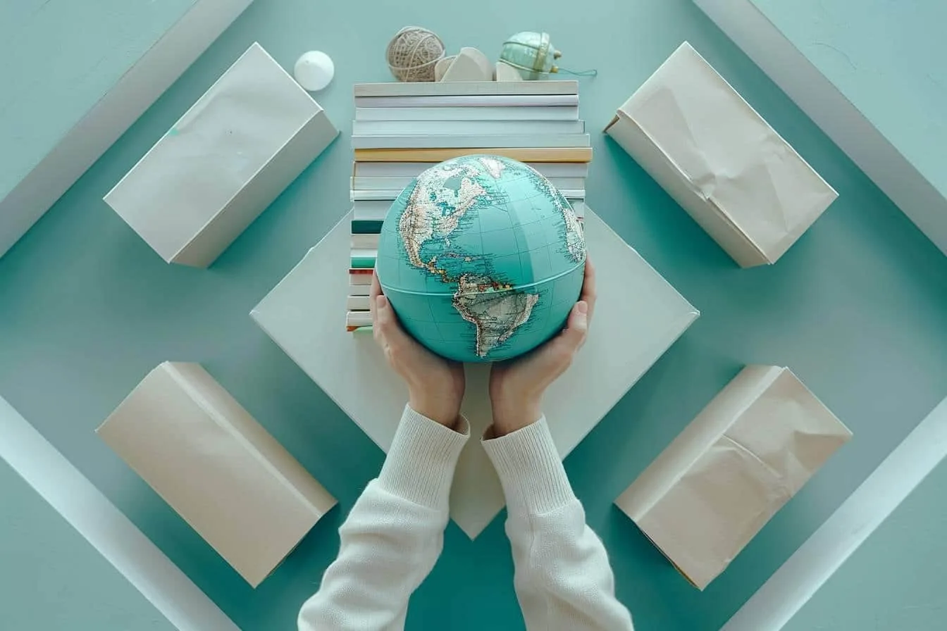 Une professionnelle relit une campagne publicitaire multilingue sur son ordinateur, avec des supports imprimés et numériques.