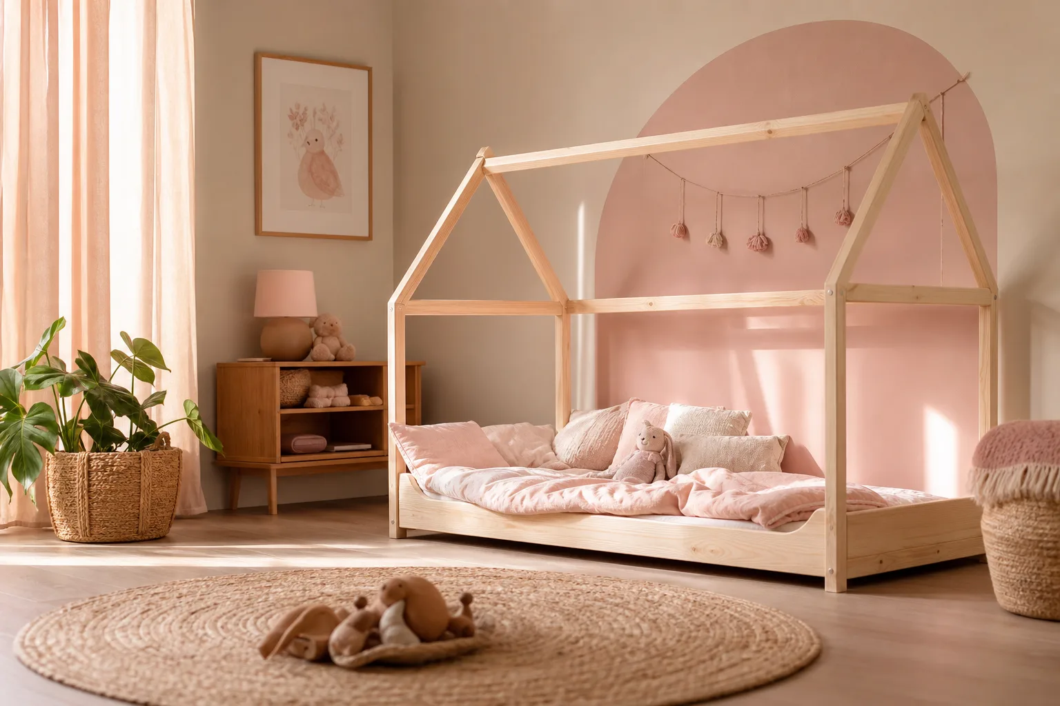 Chambre d’enfant apaisante avec un lit au sol en bois, une petite étagère accessible et un tapis doux.