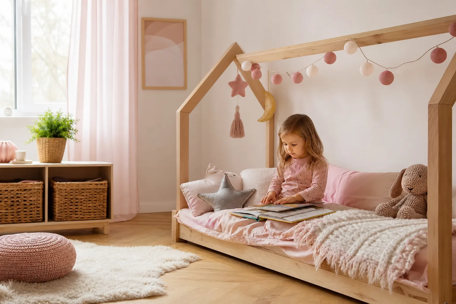 Chambre d’enfant apaisante avec un lit au sol en bois, un matelas bas et des rangements accessibles.