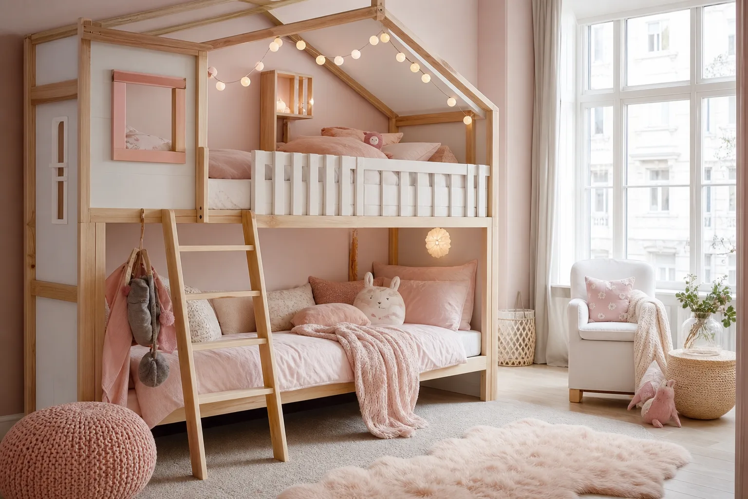 Lit superposé cabane en bois clair dans une chambre d’enfant ludique, avec échelle sécurisée et espace de jeu au sol.