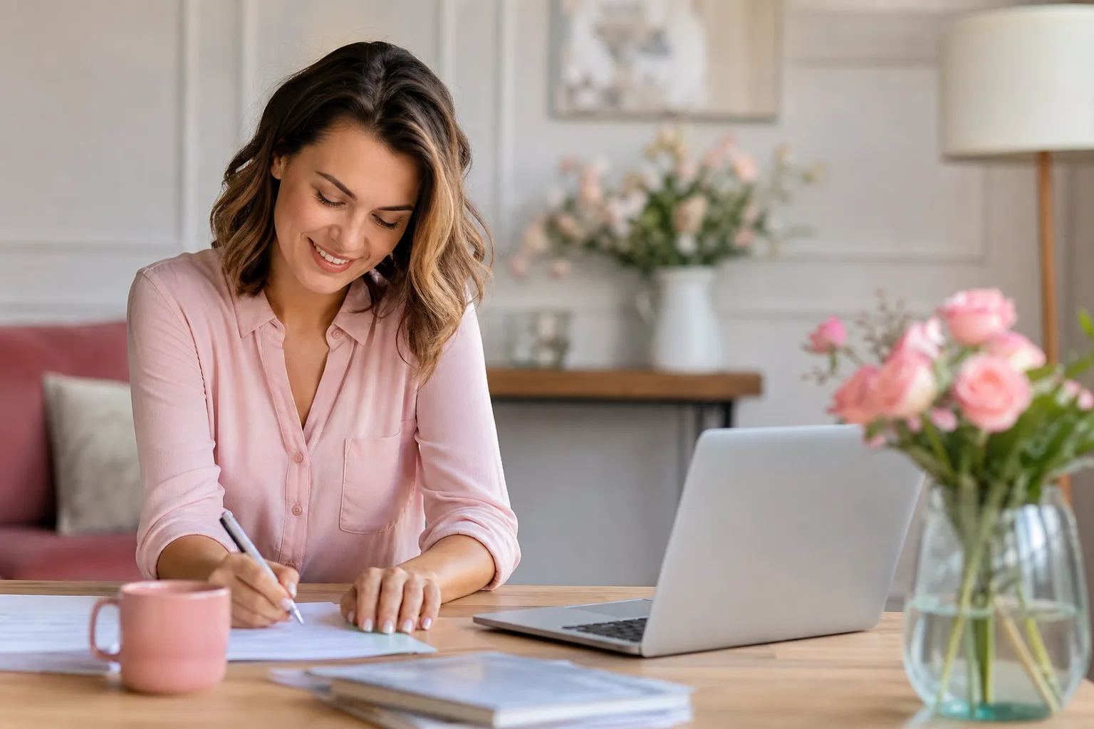 Femme consultant les documents de son assurance emprunteur et de son crédit immobilier pour préparer une résiliation.