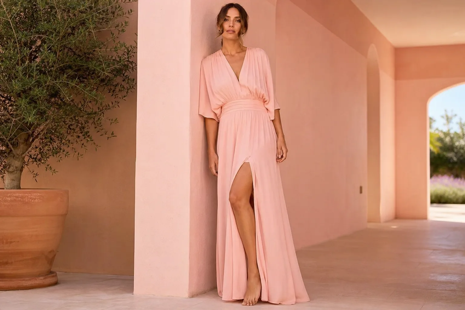 Femme portant une longue robe fluide avec ceinture fine et sandales, dans une tenue élégante de jour.