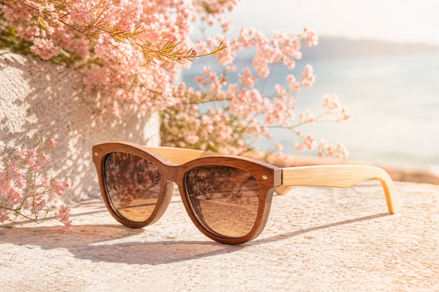 Paire de lunettes de soleil artisanales en bois posée sur un étui, illustrant une monture fabriquée en France et traçable.