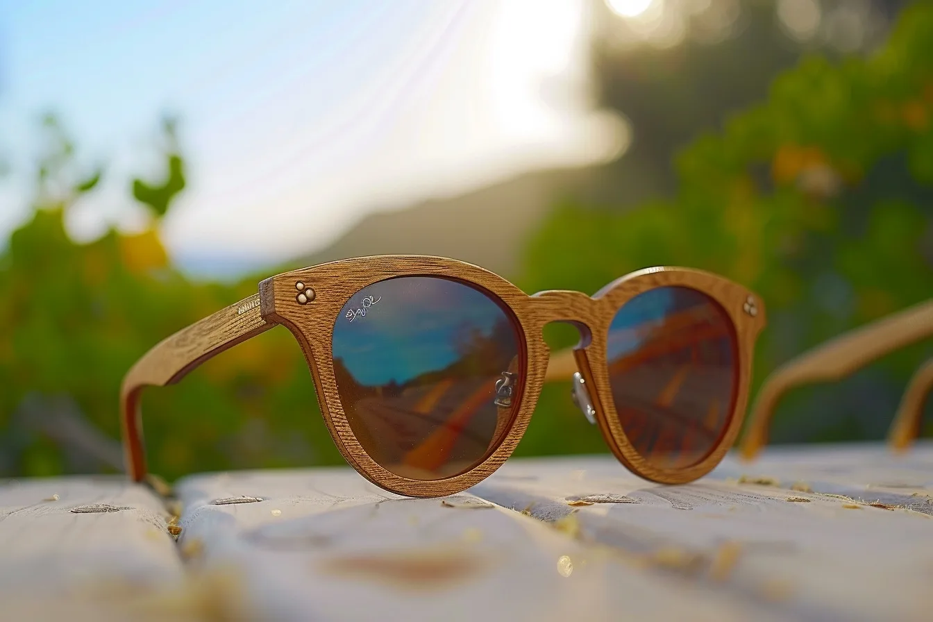 Femme portant des lunettes de soleil à monture en bois clair dans un décor estival naturel.