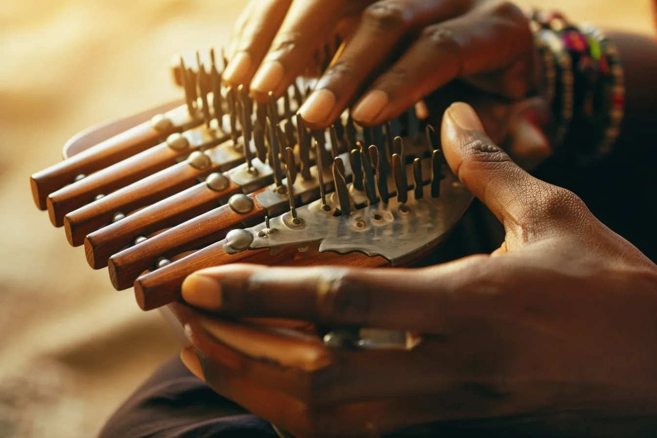 Mains jouant une mélodie sur une kalimba en bois à 17 lames, avec une tablature de débutant posée à côté.