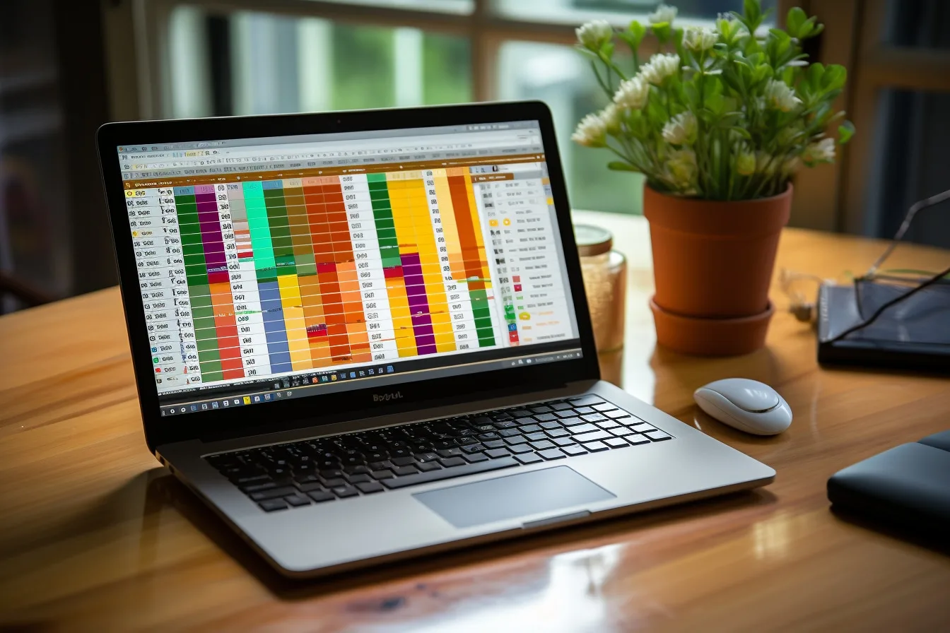 Écran d’ordinateur affichant un tableau OpenOffice Calc soigneusement mis en page avec titres, couleurs et données alignées.