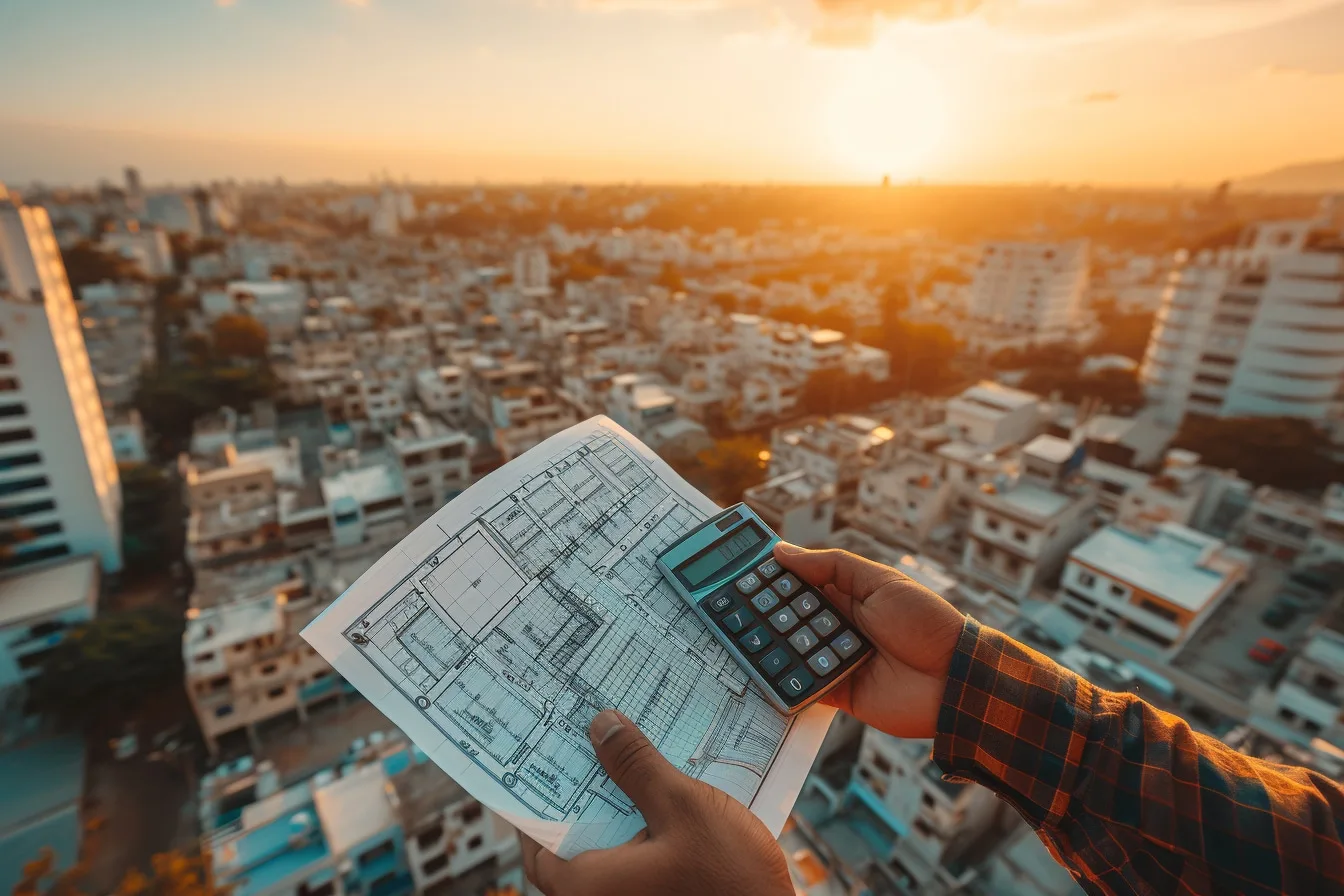 Couple examinant les plans d’un appartement neuf et calculant un investissement immobilier avec un promoteur.