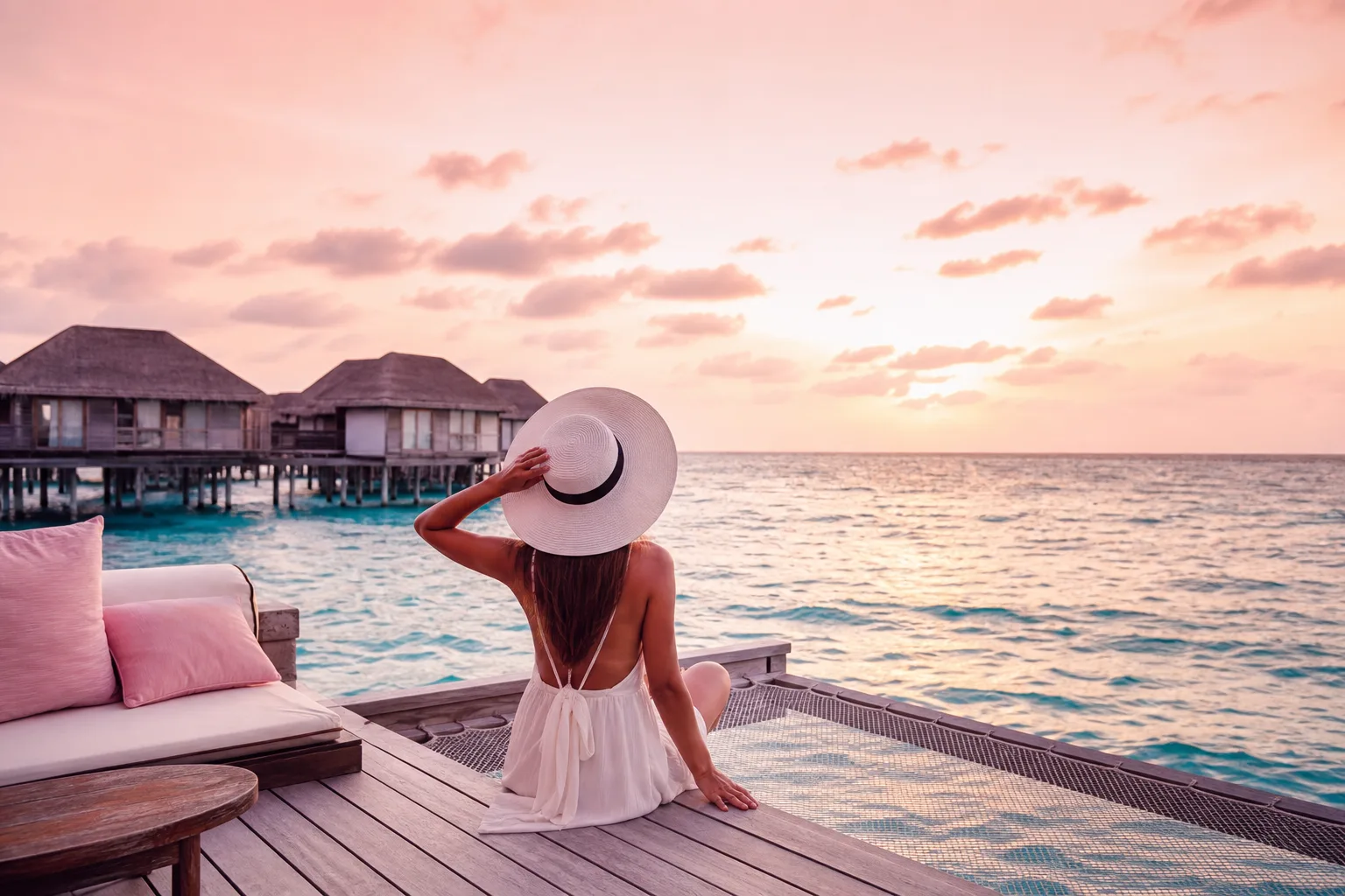 Villa sur pilotis au-dessus d’un lagon turquoise des Maldives sous un ciel ensoleillé.