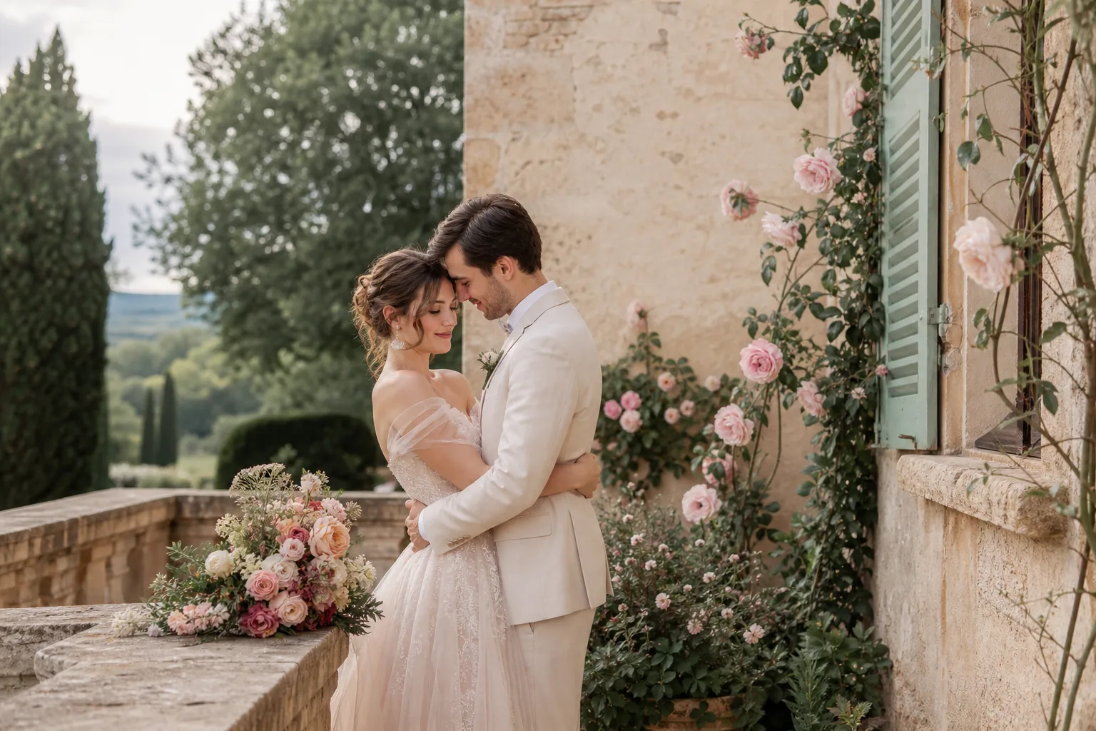 Mariés dans le jardin d’un château français historique, entourés de cyprès et de fleurs lors d’une cérémonie élégante.